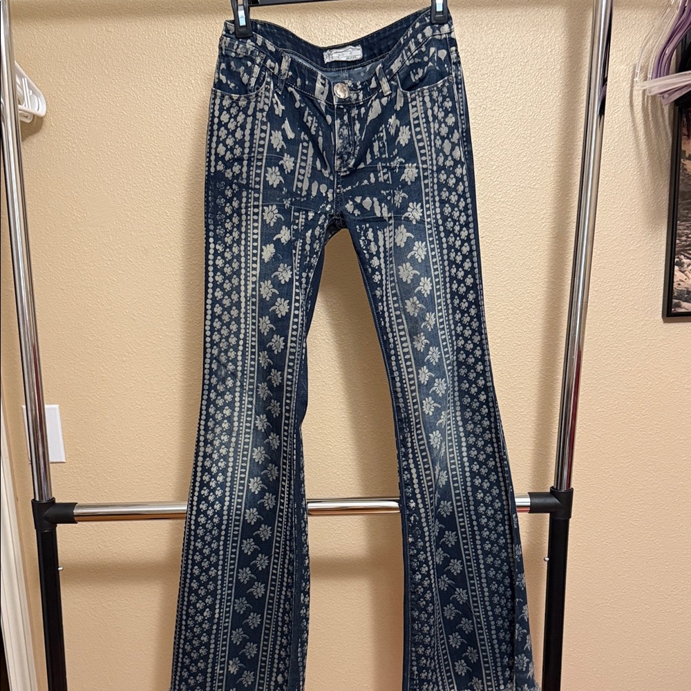 Free People Blue and White Patterned Flare Pants